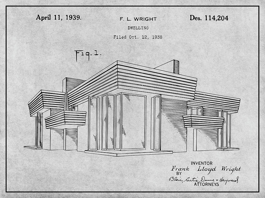 1938 Frank Lloyd Wright House Dwelling Gray Patent Print Drawing by Greg Edwards