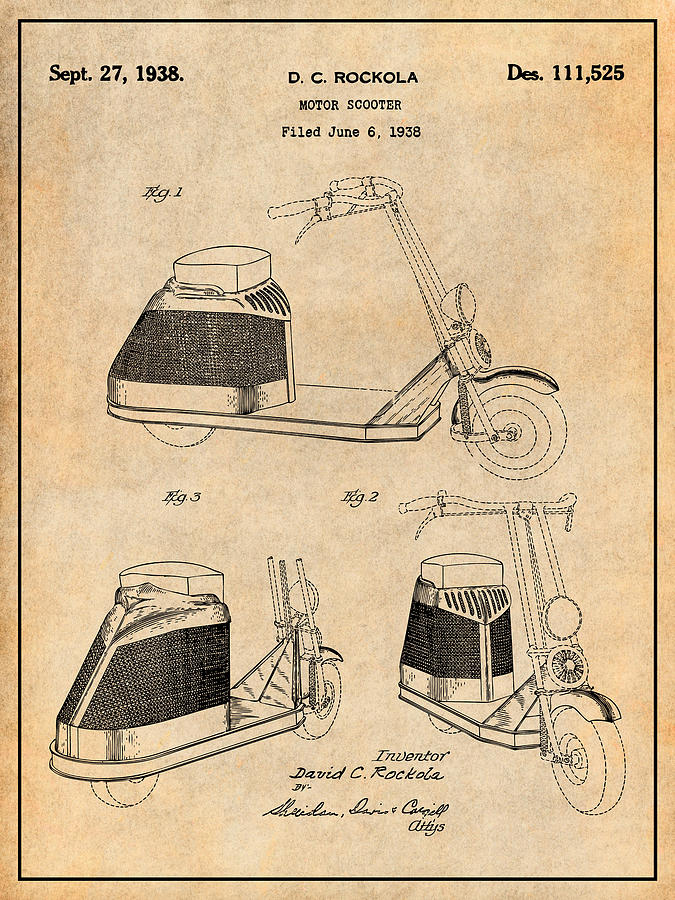 1938 Rockola Motor Scooter Patent Print Antique Paper Drawing by Greg Edwards