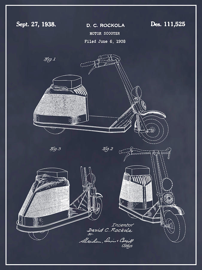 1938 Rockola Motor Scooter Patent Print Blackboard Drawing by Greg Edwards