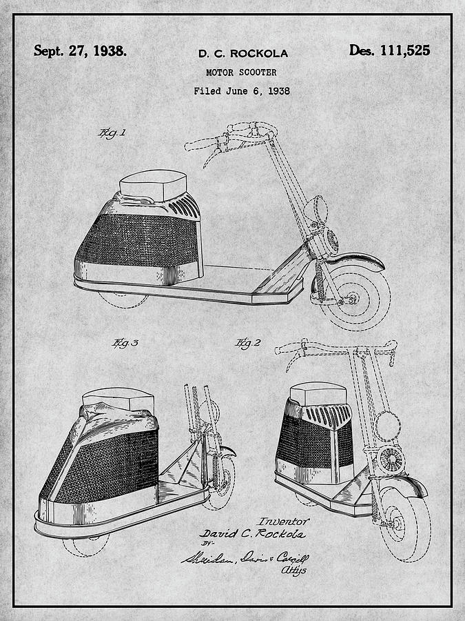1938 Rockola Motor Scooter Patent Print Gray Drawing by Greg Edwards