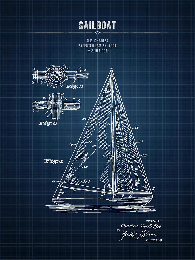 1938 Sailboat - Dark Blue Blueprint Digital Art by Aged Pixel | Fine ...