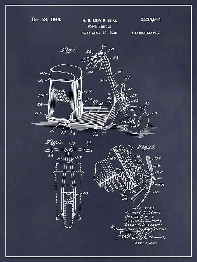 1938 Salsbury Motor Glide Scooter Patent Print Blackboard Drawing by Greg Edwards