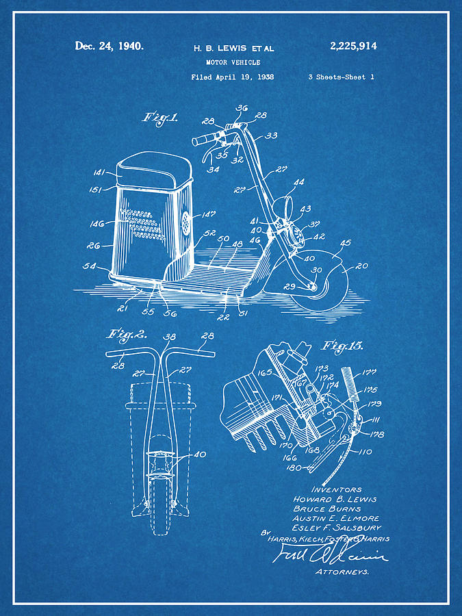 1938 Salsbury Motor Glide Scooter Patent Print Blueprint Drawing by Greg Edwards