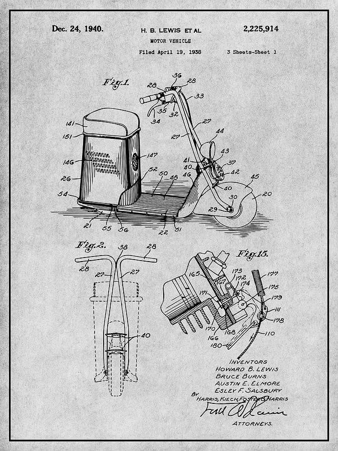 1938 Salsbury Motor Glide Scooter Patent Print Gray Drawing by Greg Edwards