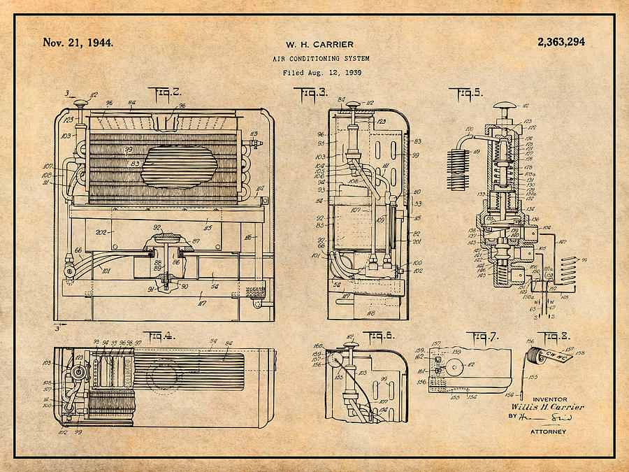 1939 Carrier Air Conditioning Patent Print Antique Paper Drawing by Greg Edwards