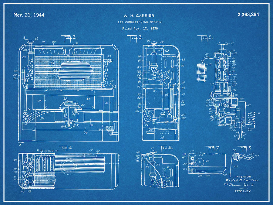 1939 Carrier Air Conditioning Patent Print Blueprint Drawing by Greg Edwards