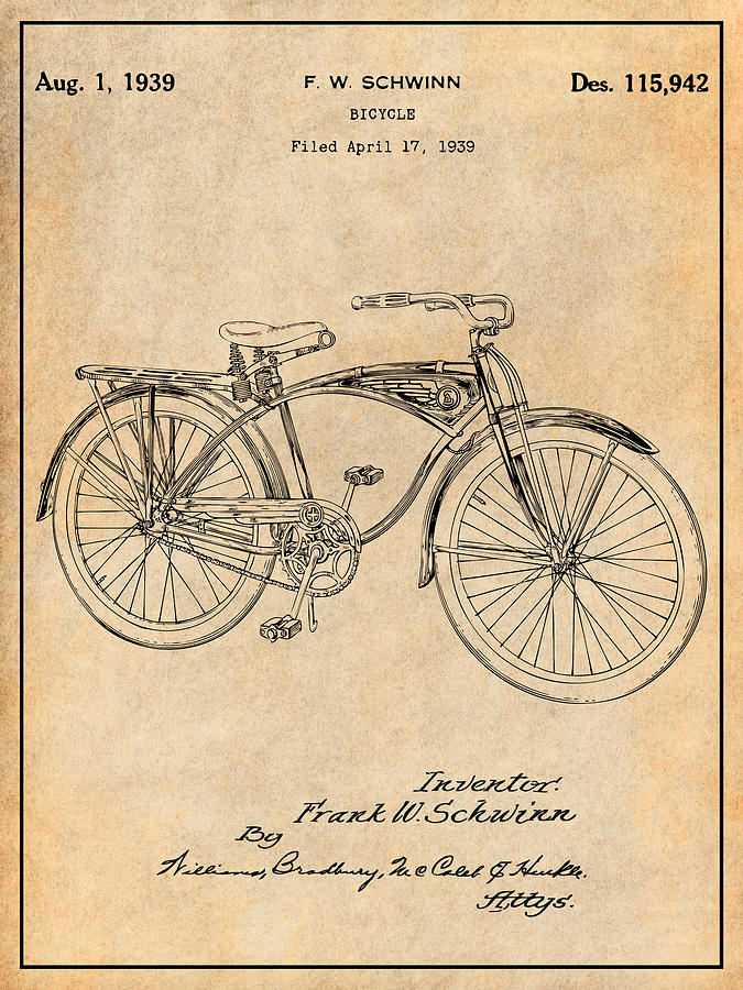 1939 Schwinn Bicycle Antique Paper Patent Print Drawing by Greg Edwards
