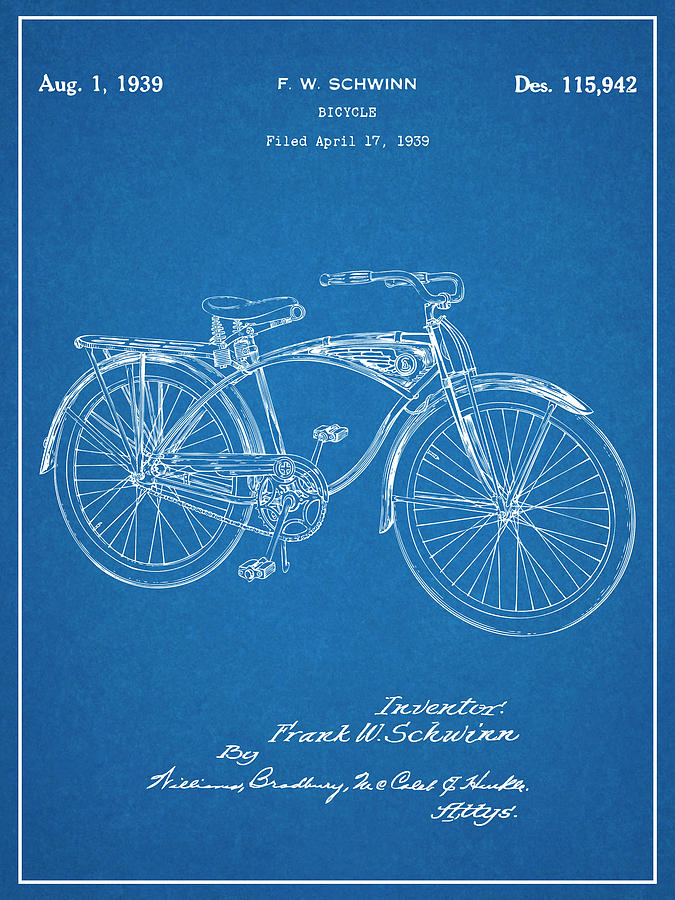 1939 Schwinn Bicycle Blueprint Patent Print Drawing by Greg Edwards