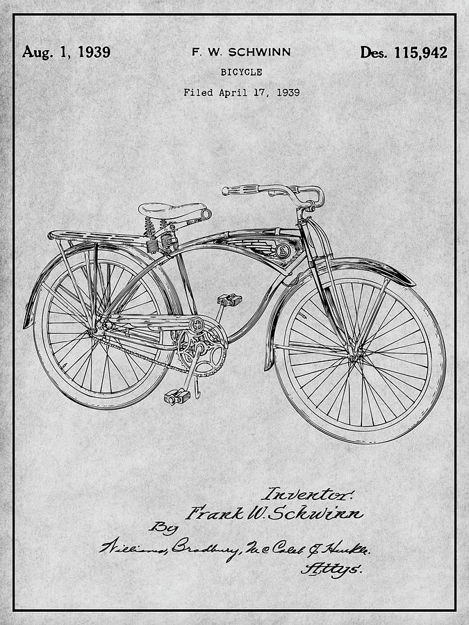 1939 Schwinn Bicycle Gray Patent Print Drawing by Greg Edwards