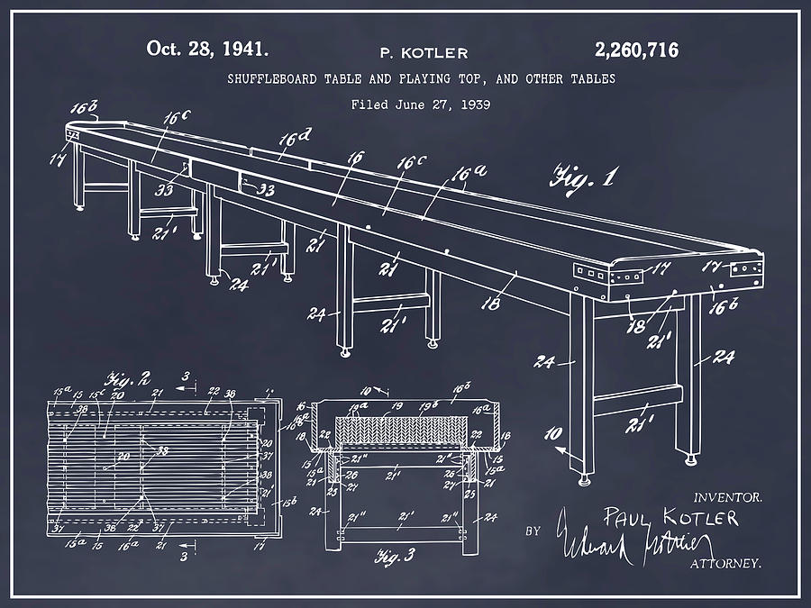 1939 Shuffleboard Table Patent Print Blackboard Drawing by Greg Edwards