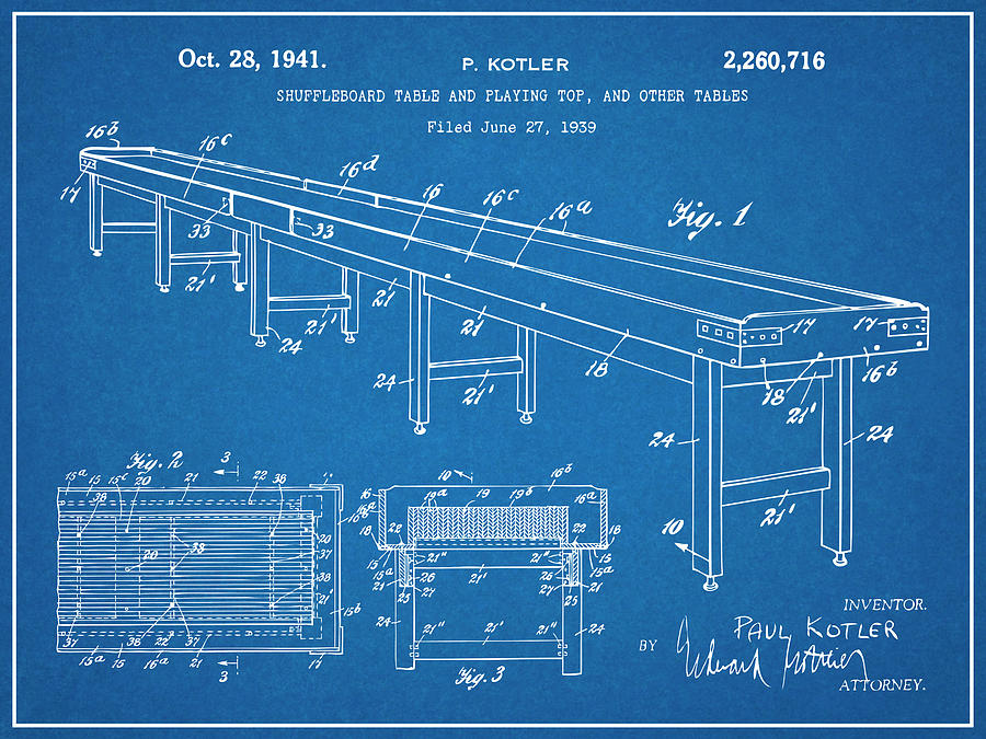 1939 Shuffleboard Table Patent Print Blueprint  Drawing by Greg Edwards