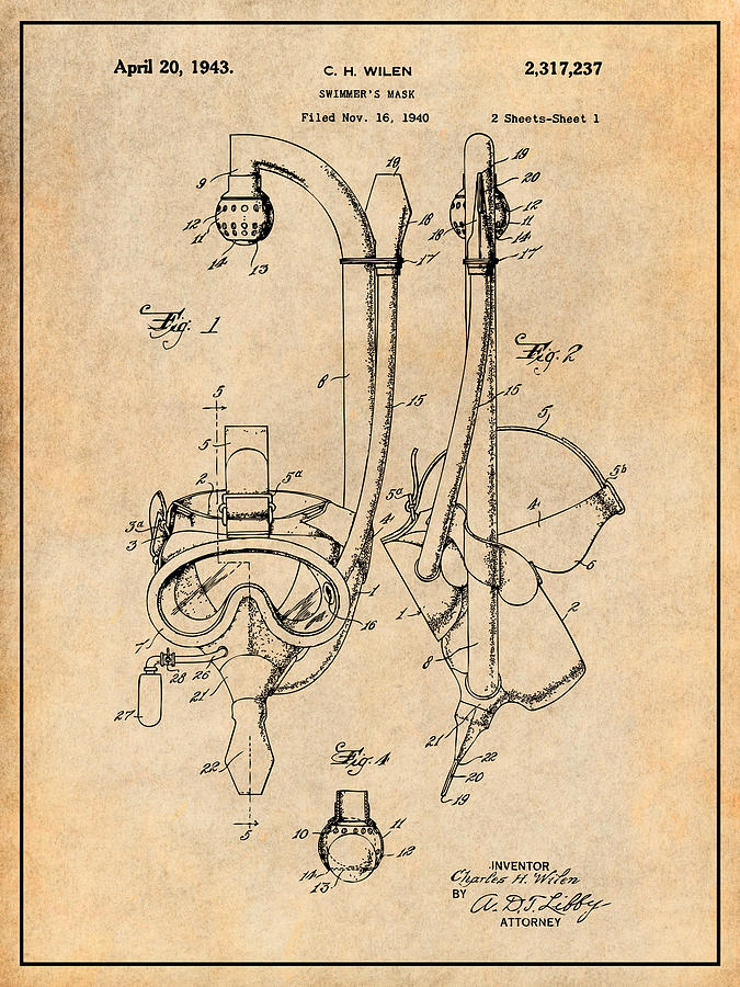 1940 Divers Swimmers Mask and Snorkel Antique Paper Patent Print ...