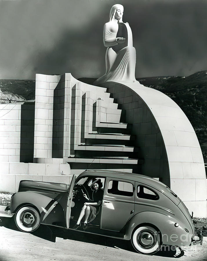 1940 Ford At Art Deco Monument With Woman Driver Photograph by Retrographs