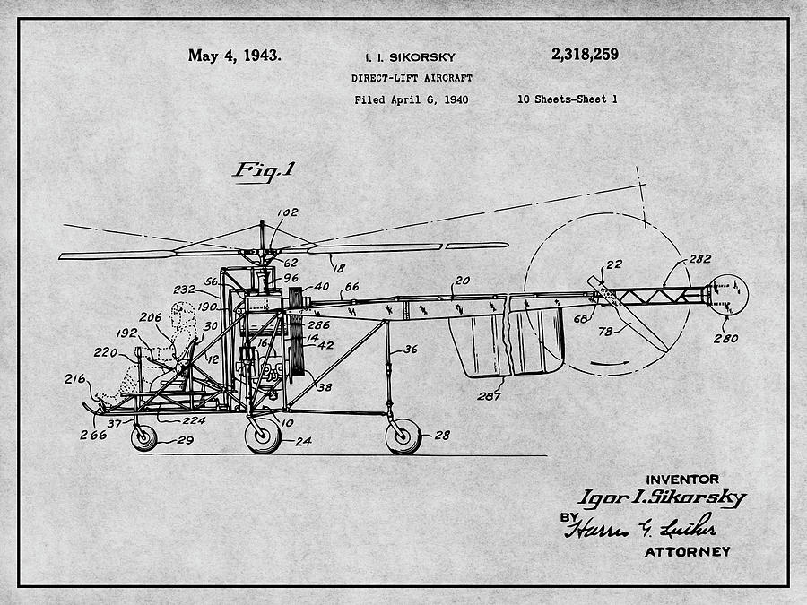 1940 Sikorsky Helicopter Gray Patent Print Drawing by Greg Edwards