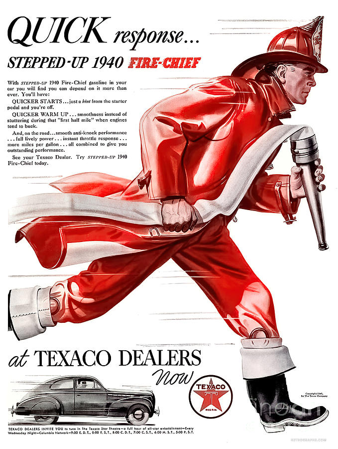 Vintage Mixed Media - 1940 Texaco Firechief Advertisement With Fireman And Car by Retrographs