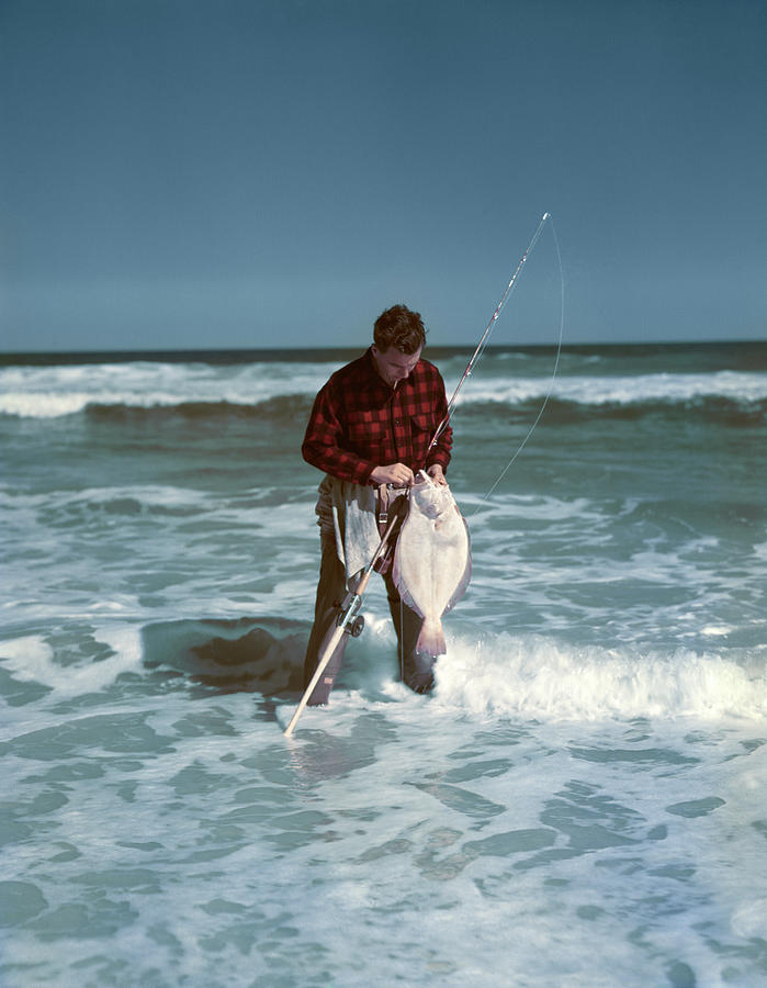 1940s 1950s Man Fishing Wearing Red Painting by Vintage Images