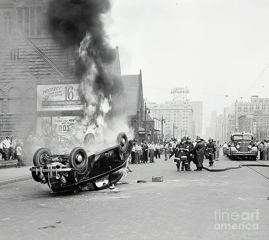 1940s Accident Scene With Burning Car Photograph by Retrographs