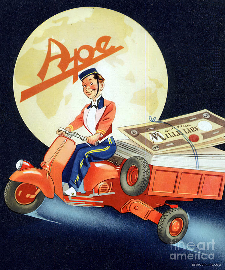 1940s Ape Advertisement Scooter Cart And Driver Mixed Media by Retrographs