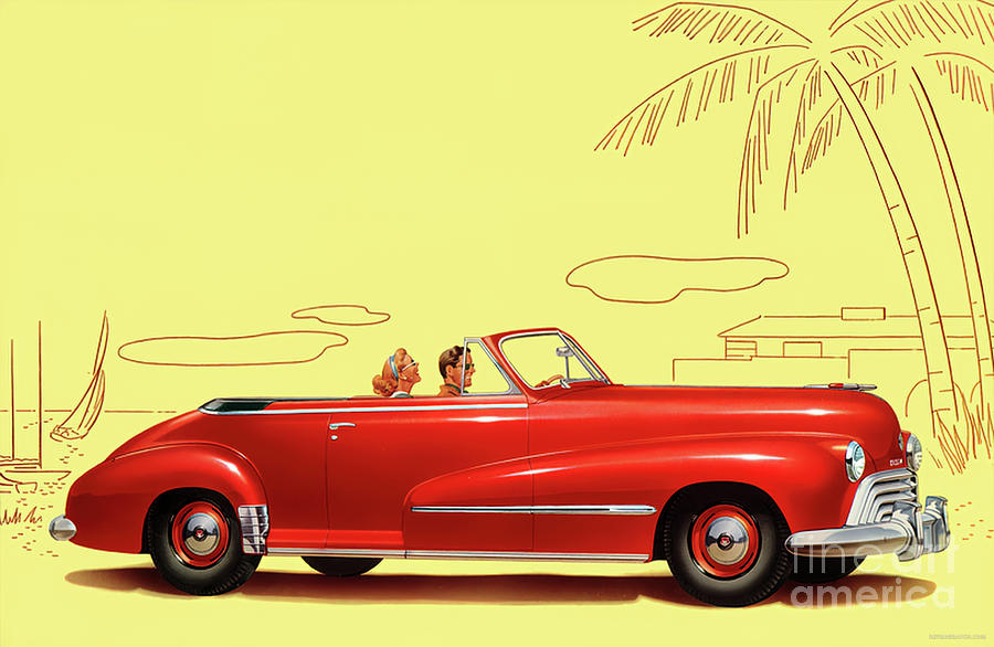 1942 Oldsmobile convertible with occupants tropical setting Mixed Media by Retrographs
