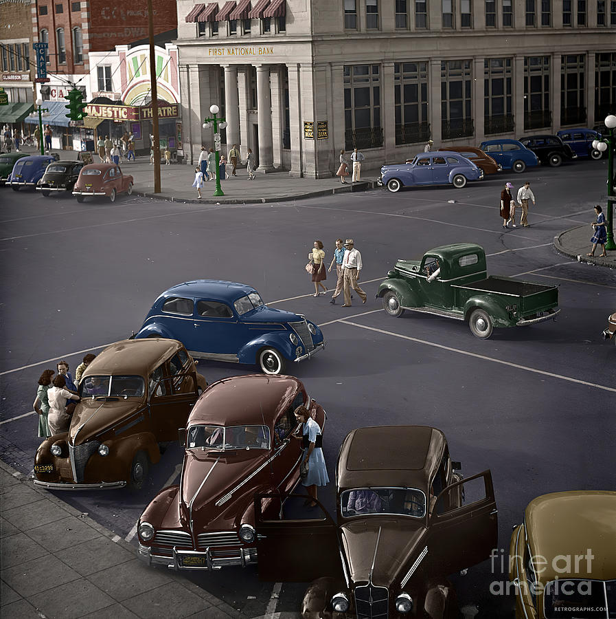 1940s City Square Colorized Image Photograph by Retrographs