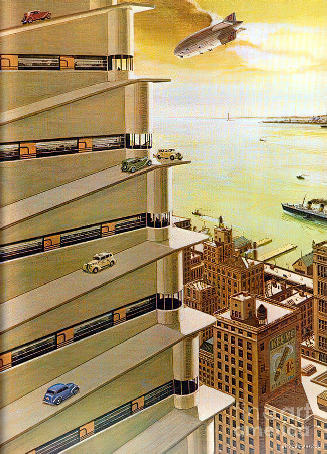 1940s Futuristic Rendering Of Roadways Tall Building And Blimp Mixed Media by Retrographs