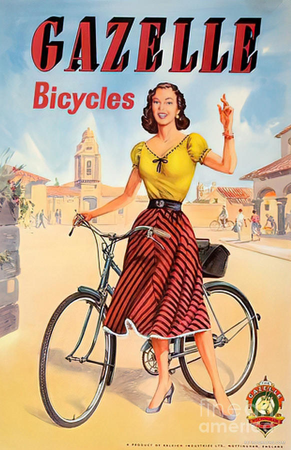 1940s, Gazelle Bicycles Advertisement Featuring Woman In Town Setting Mixed Media by Retrographs