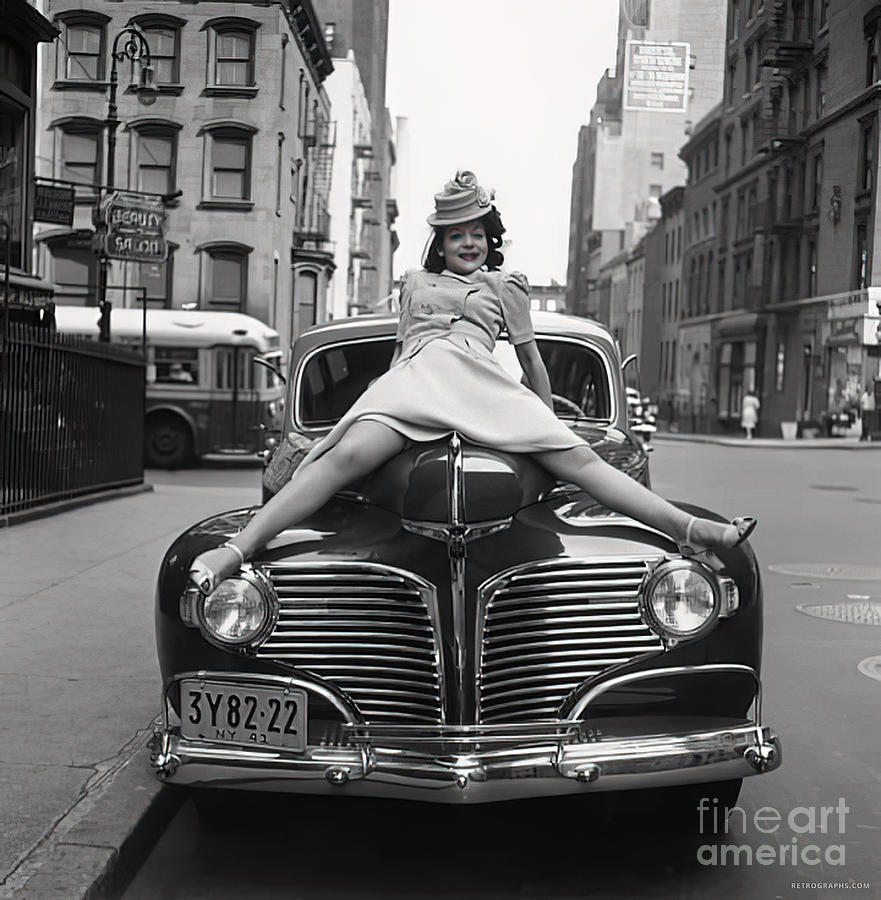 1940s Provocative Image Of Woman On Hood Of Car In City Setting