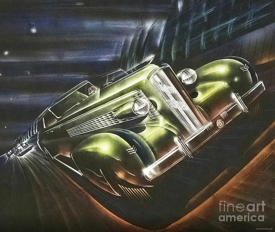 1940s Rendering Of Art Deco Styled Vehicle At Speed Painting by Retrographs