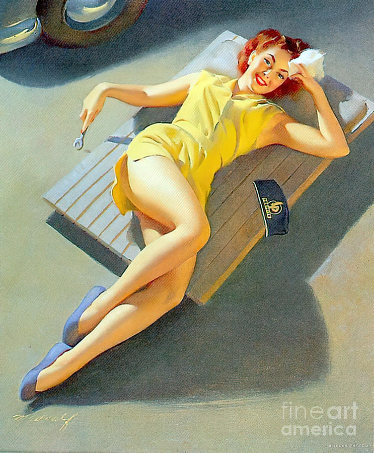 1940s Sexy Stewardess And Vintage Car Mixed Media by Retrographs