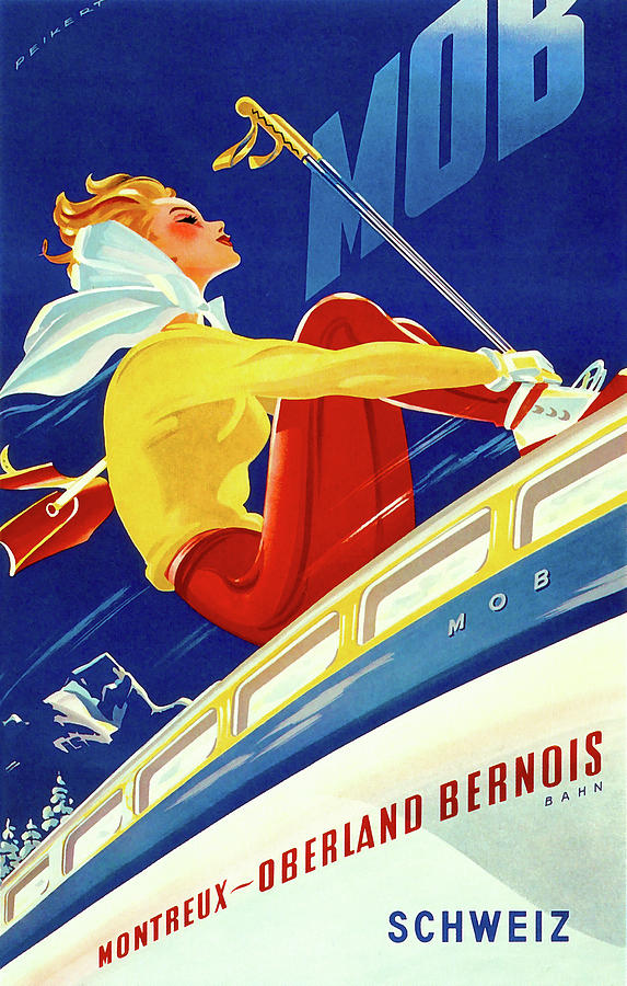 Swiss Mixed Media - 1940s Swiss Rail Ski Travel Poster by Vintage Lavoie