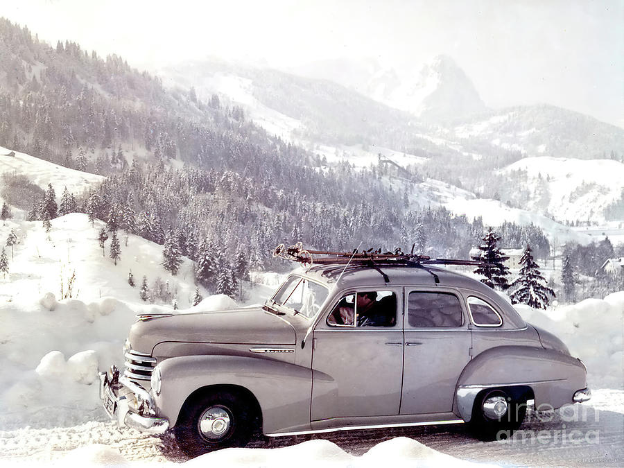 1940s Vehicle With Ski Rack On Snowy Mountain Road Photograph by Retrographs