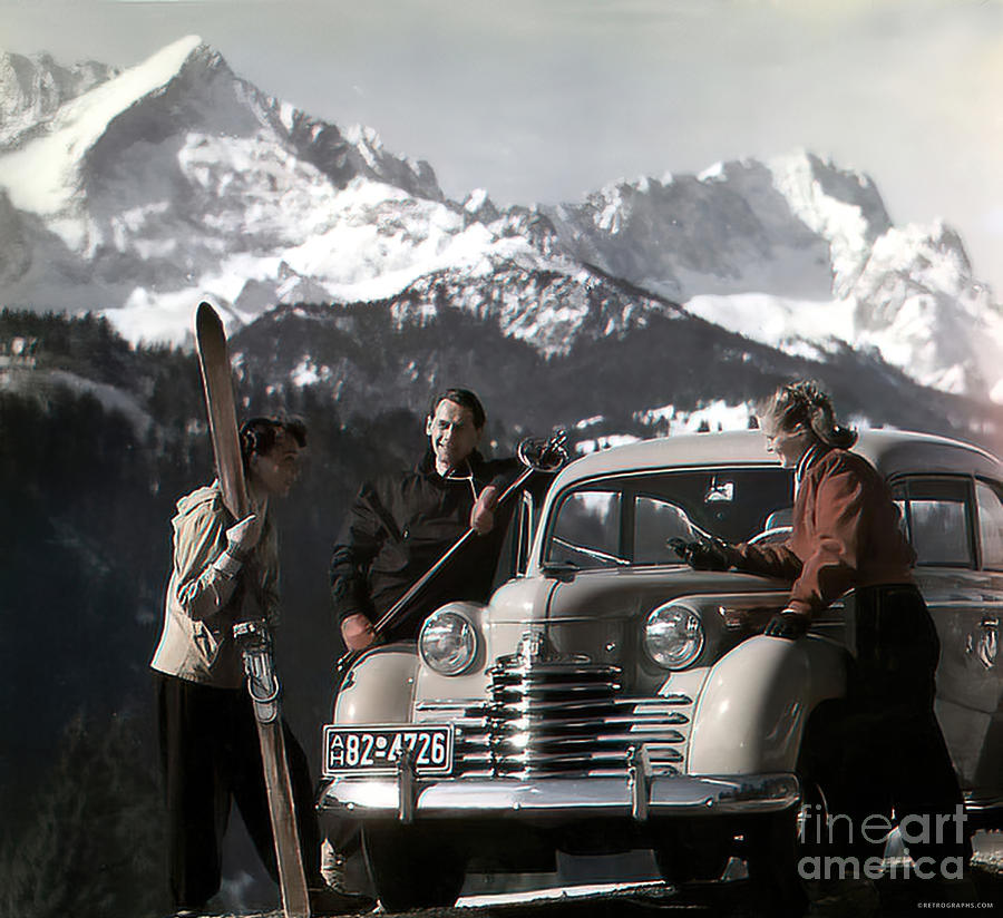 1940s Vehicle With Skiers In Scenic Mountain Setting Photograph by Retrographs
