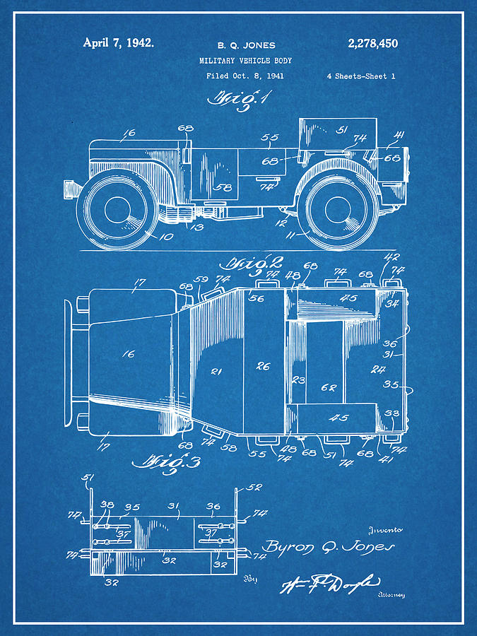 1941 Jeep Military Vehicle Blueprint Patent Print Drawing by Greg Edwards