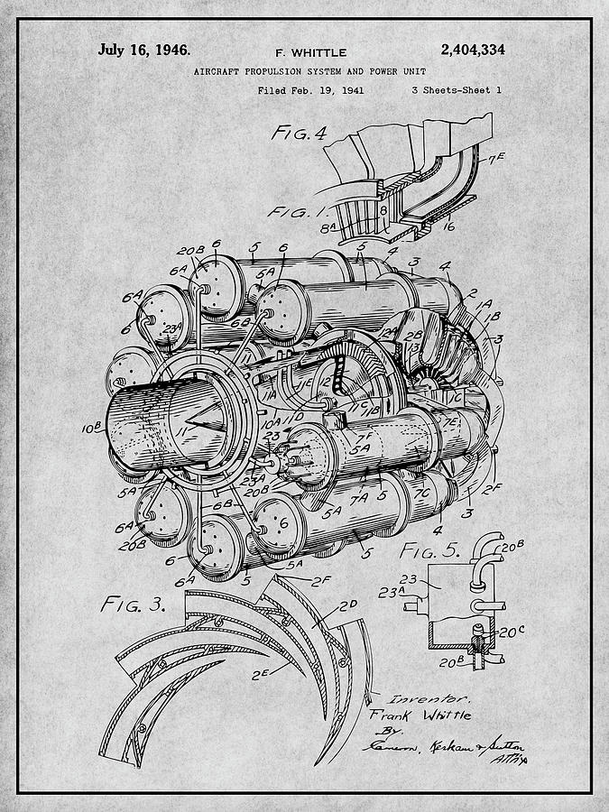 1941 Jet Engine Patent Print Gray Drawing by Greg Edwards