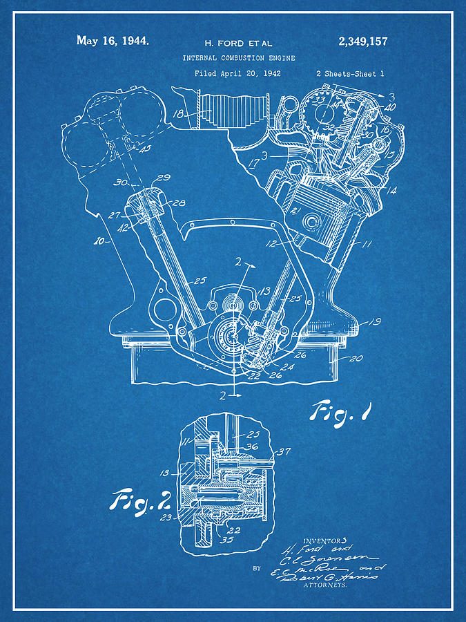 1942 Henry Ford Internal Combustion Engine Patent Print Blueprint Drawing by Greg Edwards