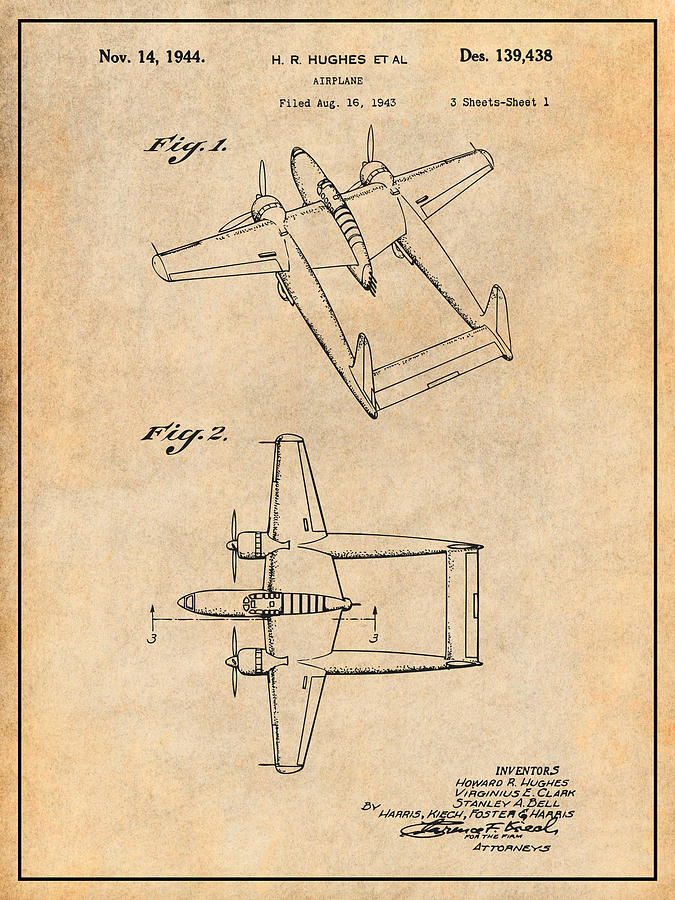 1943 Howard Hughes Military Aircraft Patent Print Antique Paper Drawing by Greg Edwards