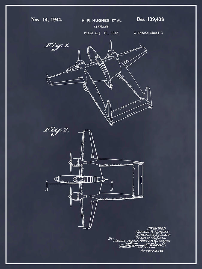 1943 Howard Hughes Military Aircraft Patent Print Blackboard Drawing by Greg Edwards