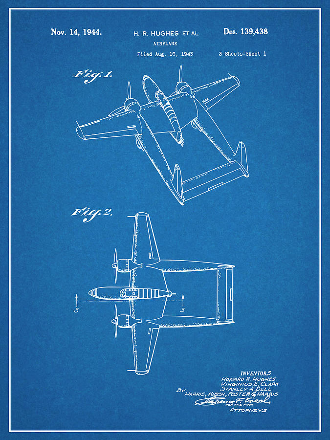 1943 Howard Hughes Military Aircraft Patent Print Blueprint Drawing by Greg Edwards