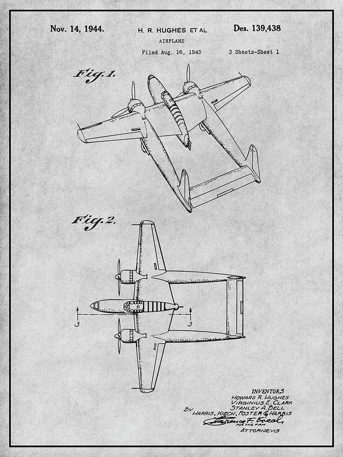 1943 Howard Hughes Military Aircraft Patent Print Gray Drawing by Greg Edwards