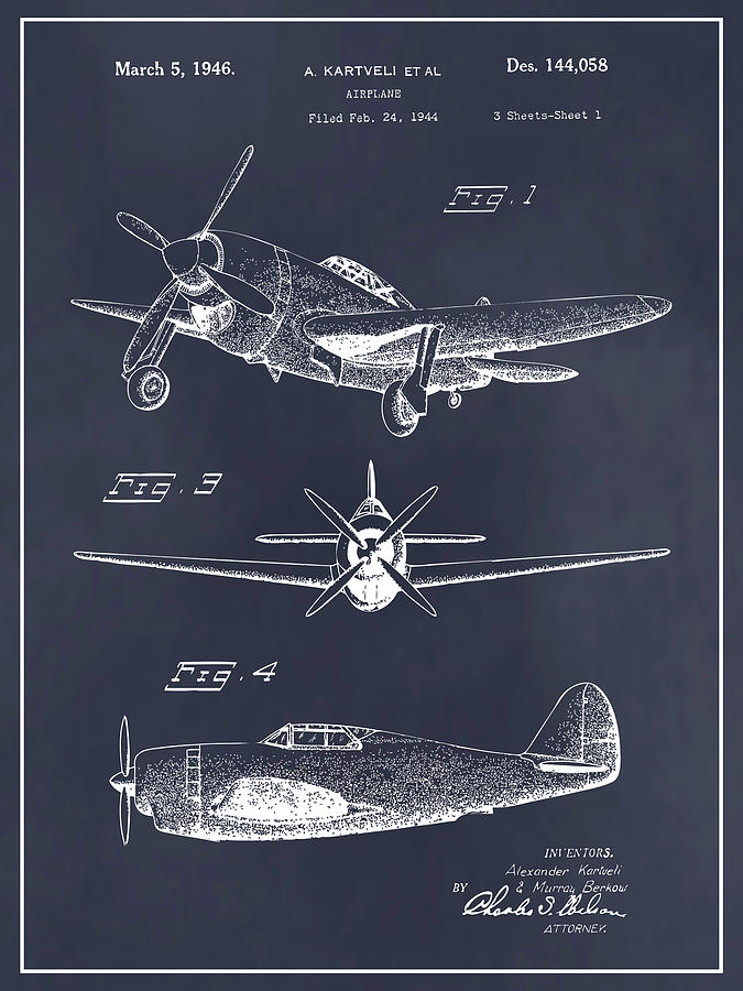 1944 Republic XP-47B Thunderbolt Fighter Blackboard Patent Print Drawing by Greg Edwards