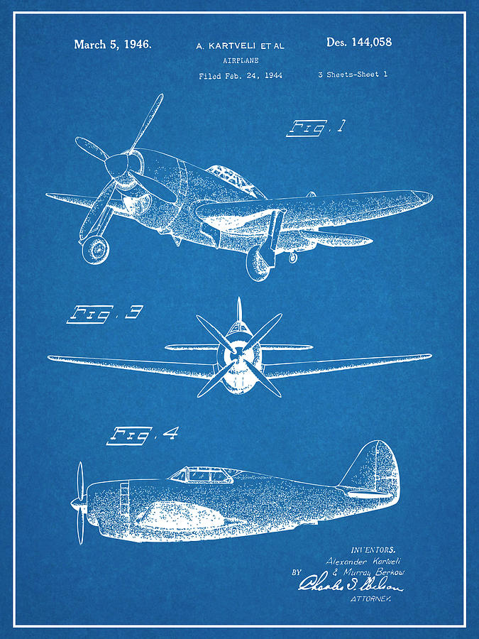 1944 Republic XP-47B Thunderbolt Fighter Blueprint Patent Print Drawing by Greg Edwards
