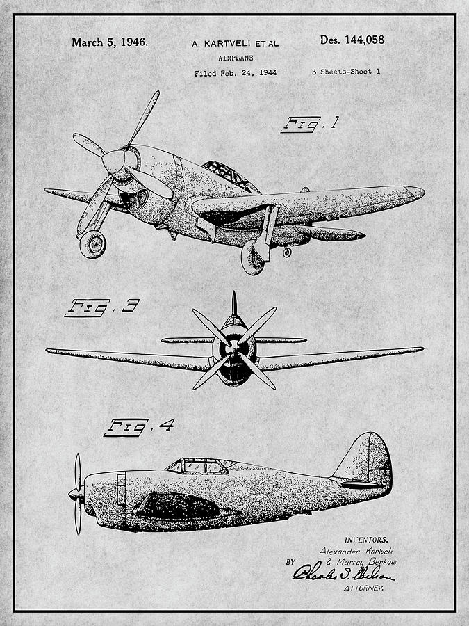 1944 Republic XP-47B Thunderbolt Fighter Gray Patent Print Drawing by Greg Edwards