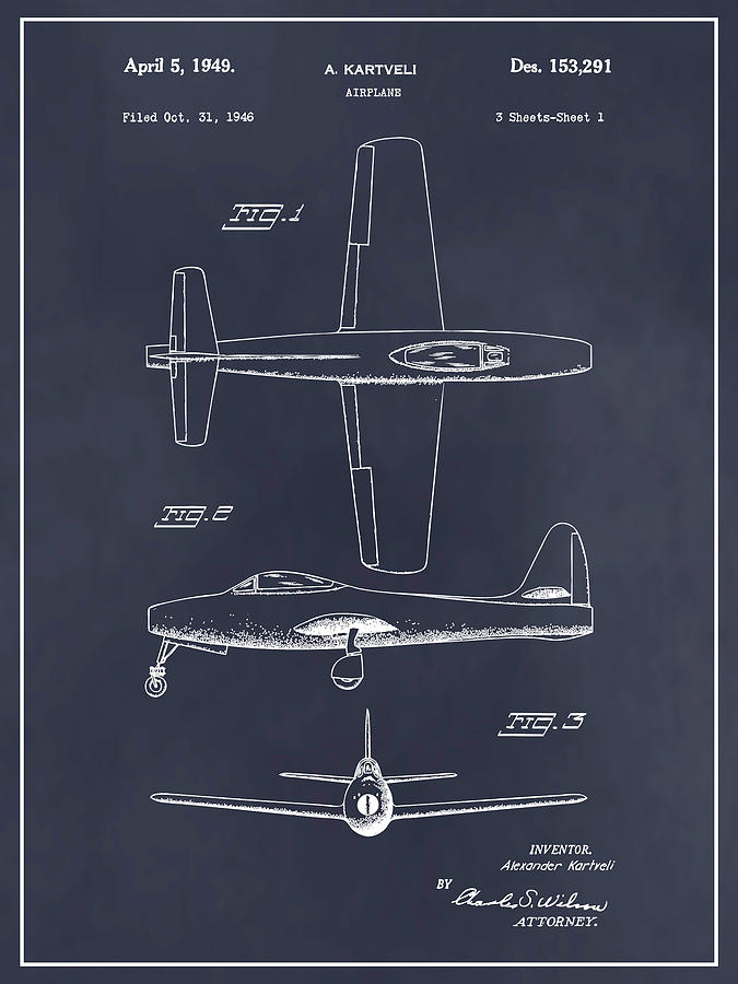 1946 Republic F-84 Thunderjet Fighter Bomber Patent Print Blackboard Drawing by Greg Edwards