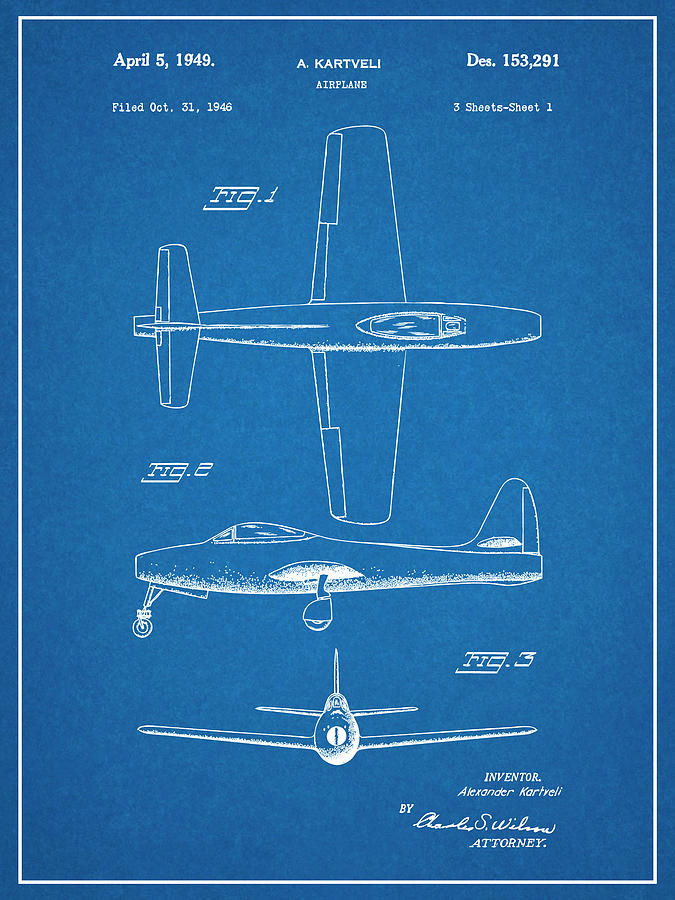 1946 Republic F-84 Thunderjet Fighter Bomber Patent Print Blueprint Drawing by Greg Edwards