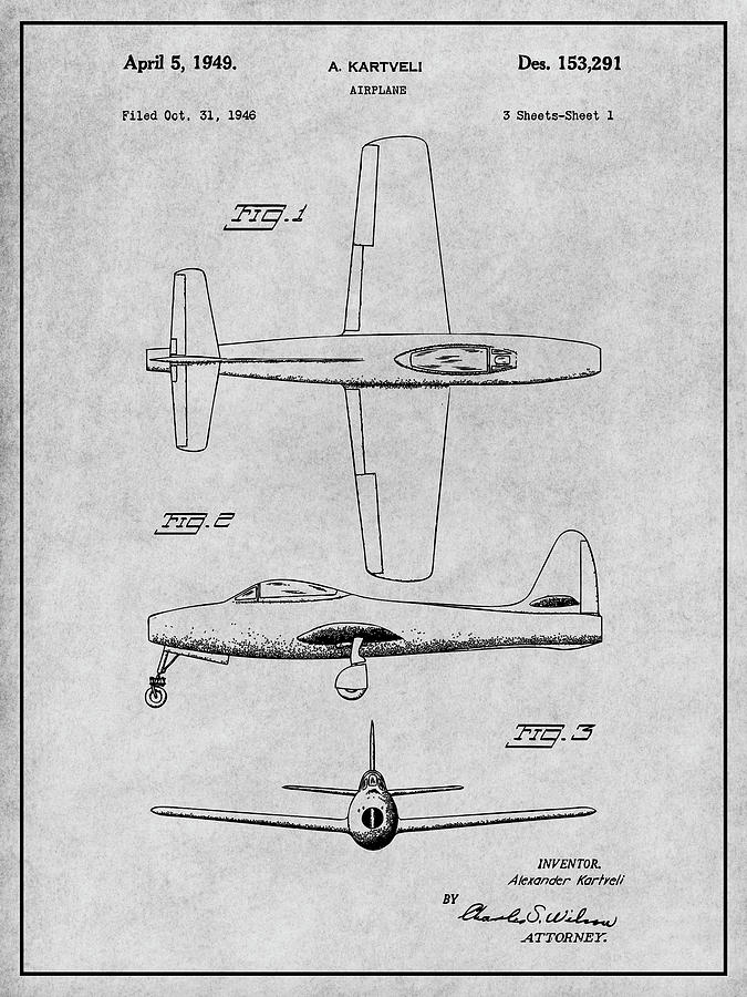 1946 Republic F-84 Thunderjet Fighter Bomber Patent Print Gray Drawing by Greg Edwards