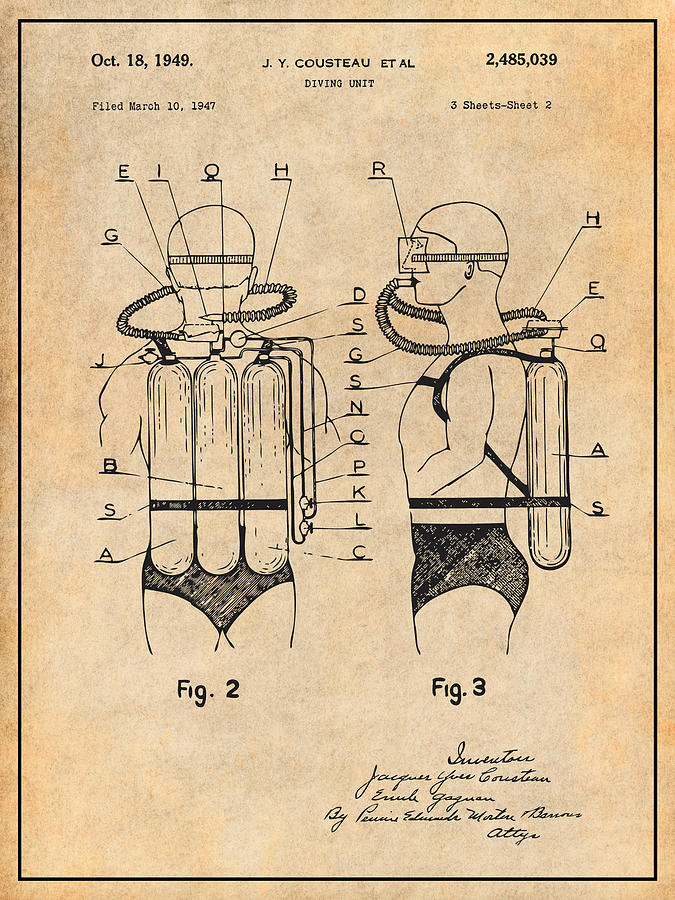 1947 Jacques Cousteau Diving Suit Patent Print Antique Paper Drawing by Greg Edwards