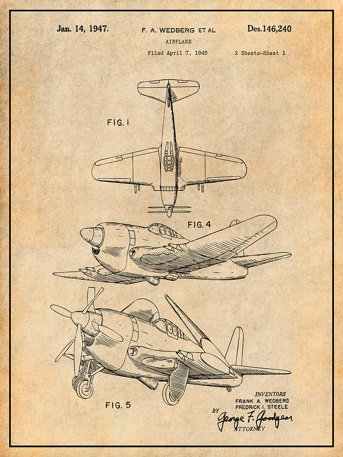 1947 Military Airplane Wedberg Patent Print Antique Paper Drawing by ...