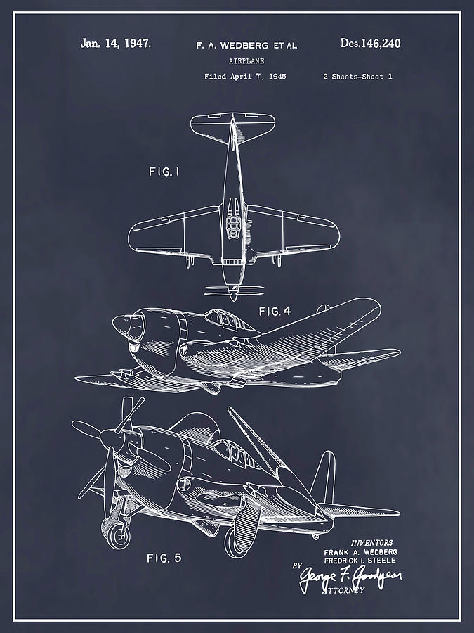 1947 Military Airplane Wedberg Patent Print Blackboard Drawing by Greg Edwards