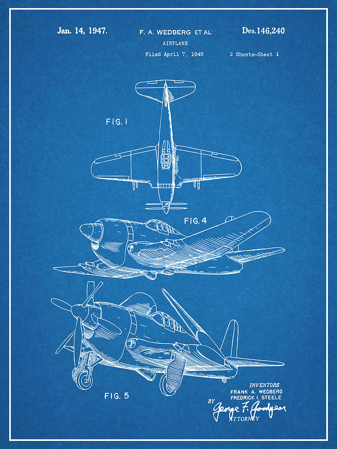 1947 Military Airplane Wedberg Patent Print Blueprint Drawing by Greg Edwards