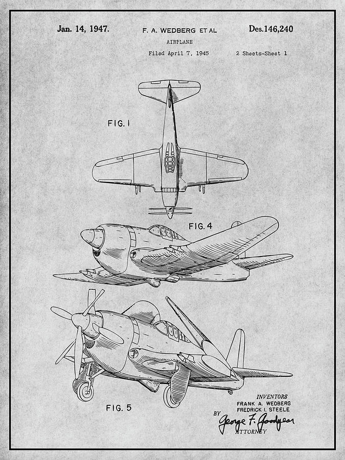 1947 Military Airplane Wedberg Patent Print Gray Drawing by Greg Edwards